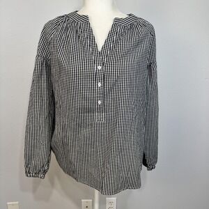 Cicy Bell Blouse Women's Medium Black Gingham Check‎ Henley Long Sleeve Cotton
